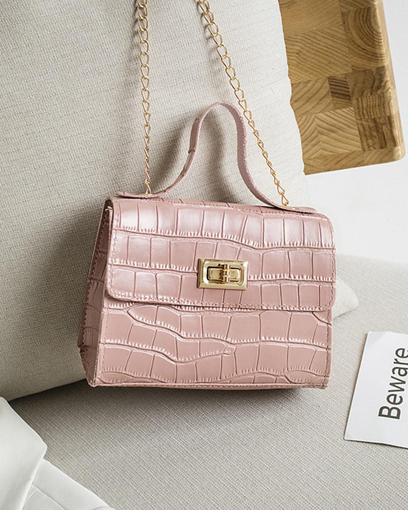 Croc Embossed Twist Lock Flap Satchel Bag