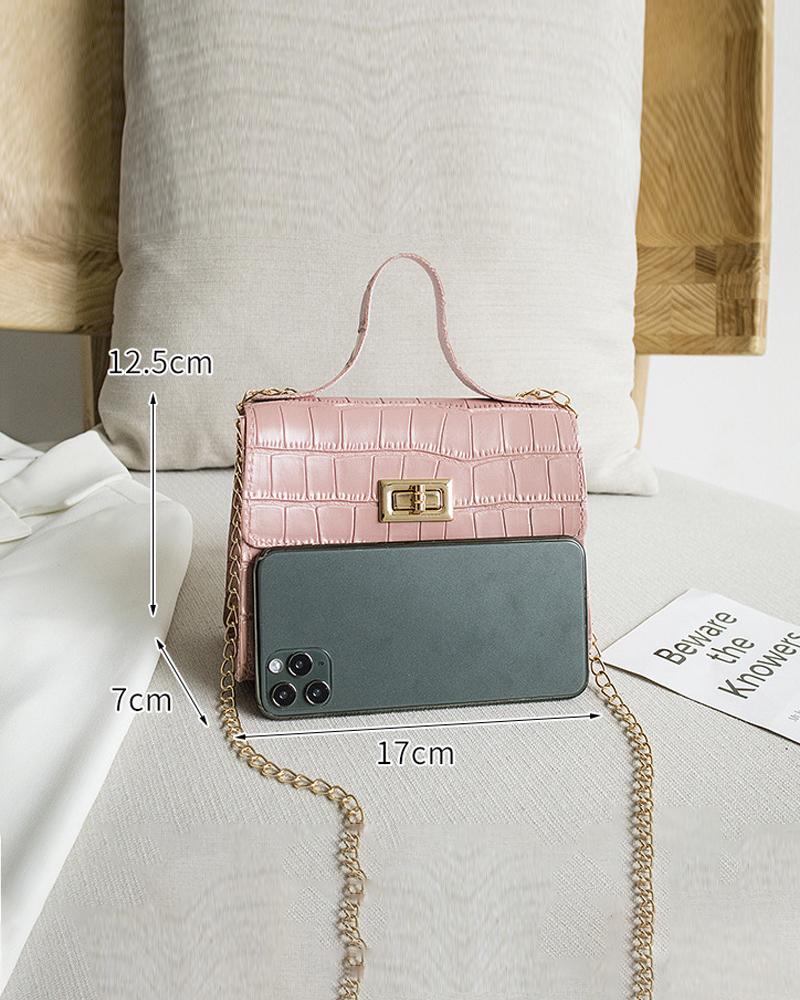 Croc Embossed Twist Lock Flap Satchel Bag