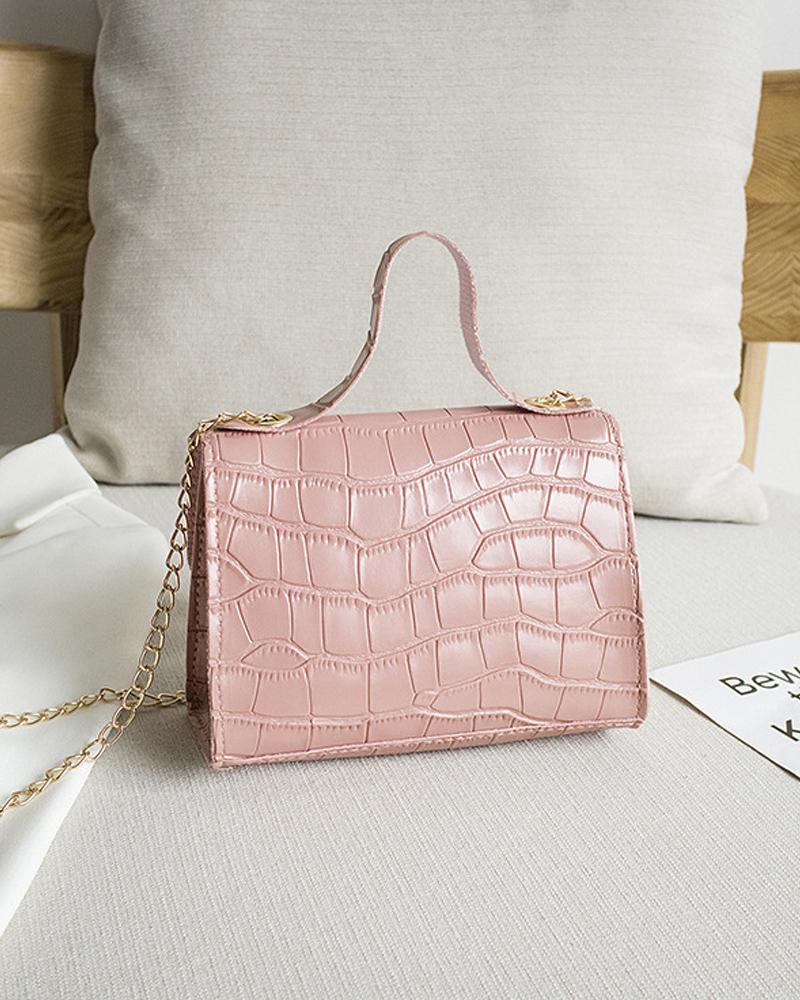 Croc Embossed Twist Lock Flap Satchel Bag