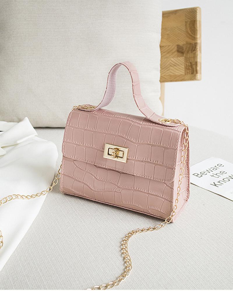 Croc Embossed Twist Lock Flap Satchel Bag