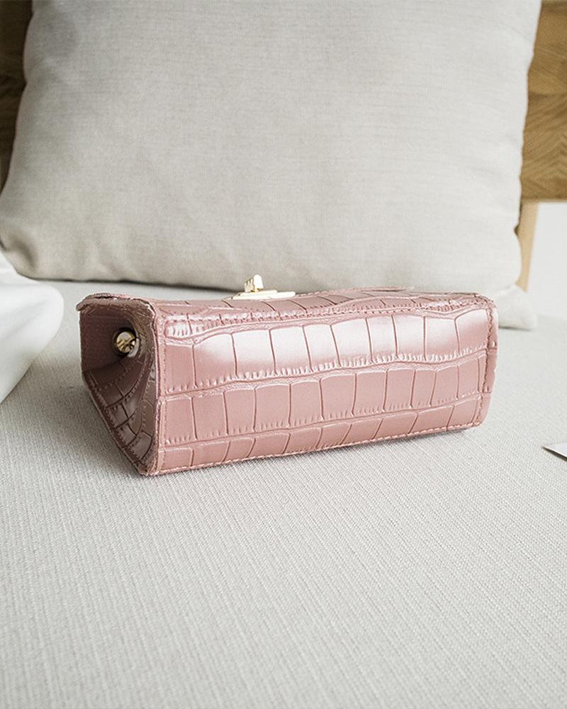 Croc Embossed Twist Lock Flap Satchel Bag