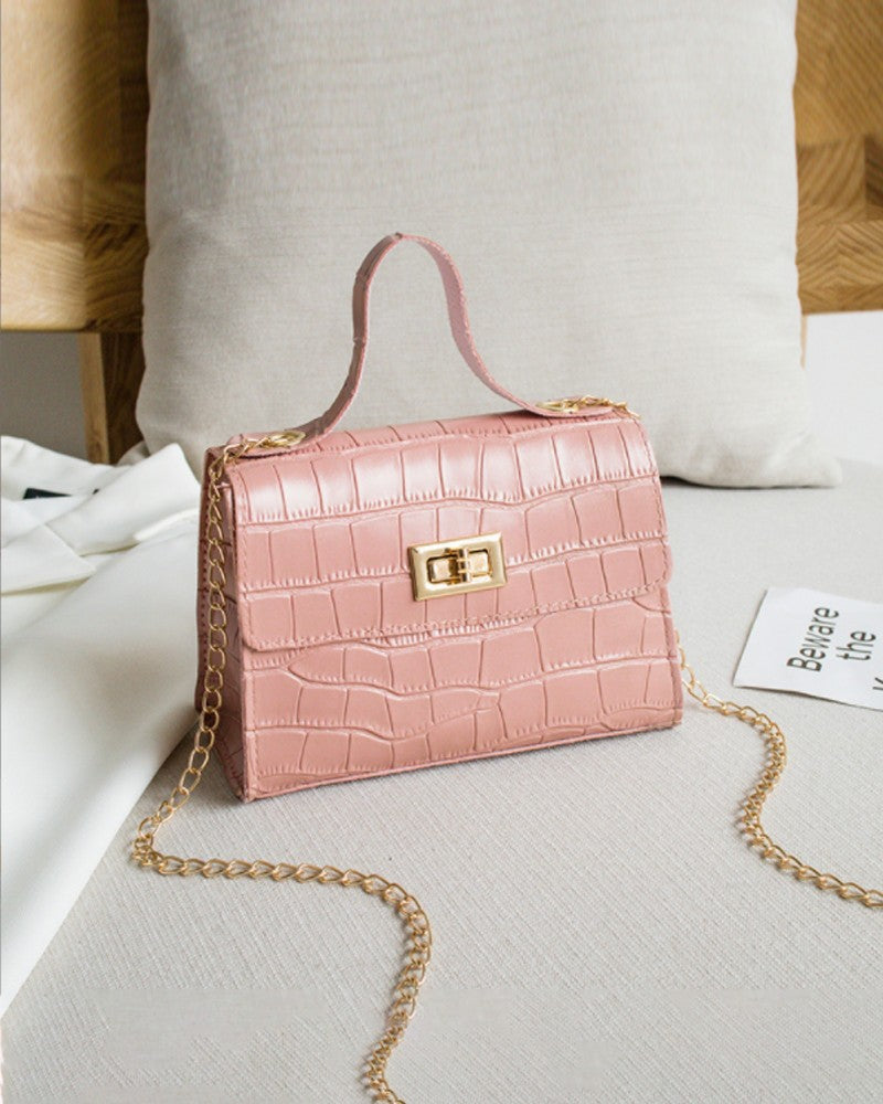 Croc Embossed Twist Lock Flap Satchel Bag