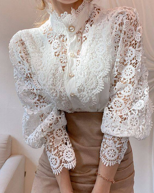 Guipure Lace Lantern Sleeve Button Design Top