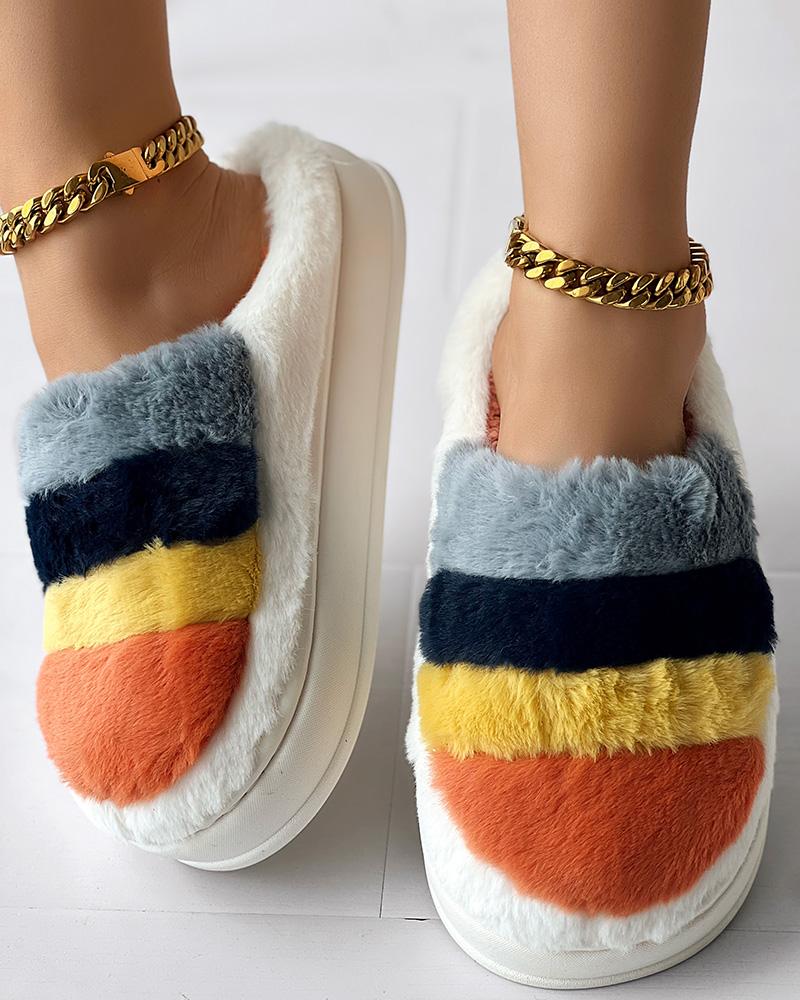 Colorblock Platform Fluffy Winter Thermal Slippers