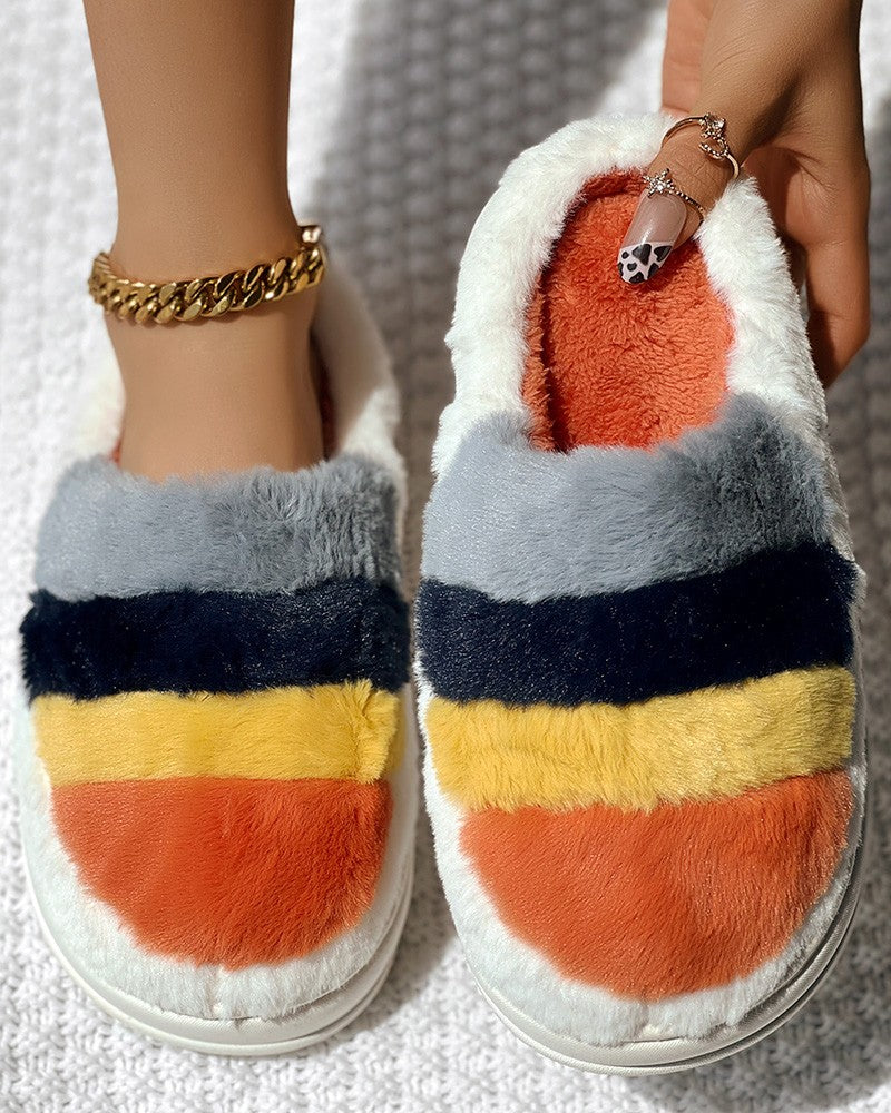 Colorblock Platform Fluffy Winter Thermal Slippers