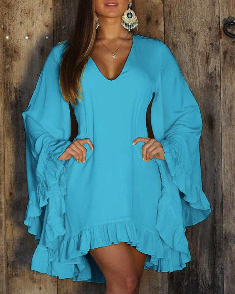 Ruffle Hem Bell Sleeve Casual Dress