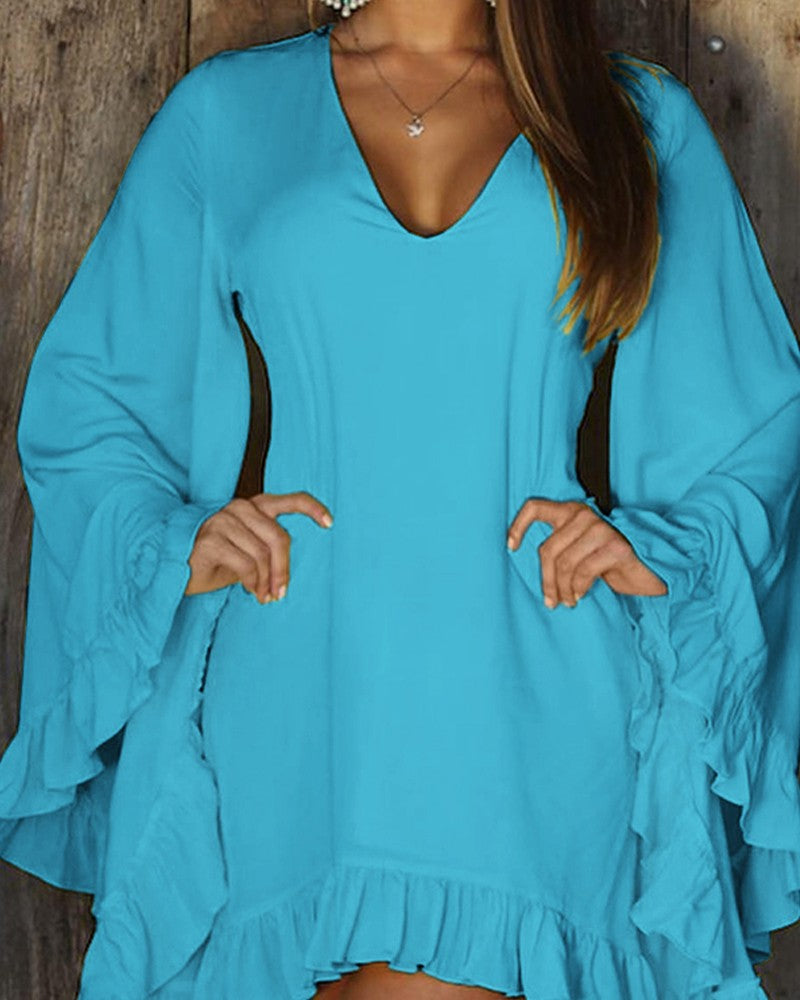 Ruffle Hem Bell Sleeve Casual Dress