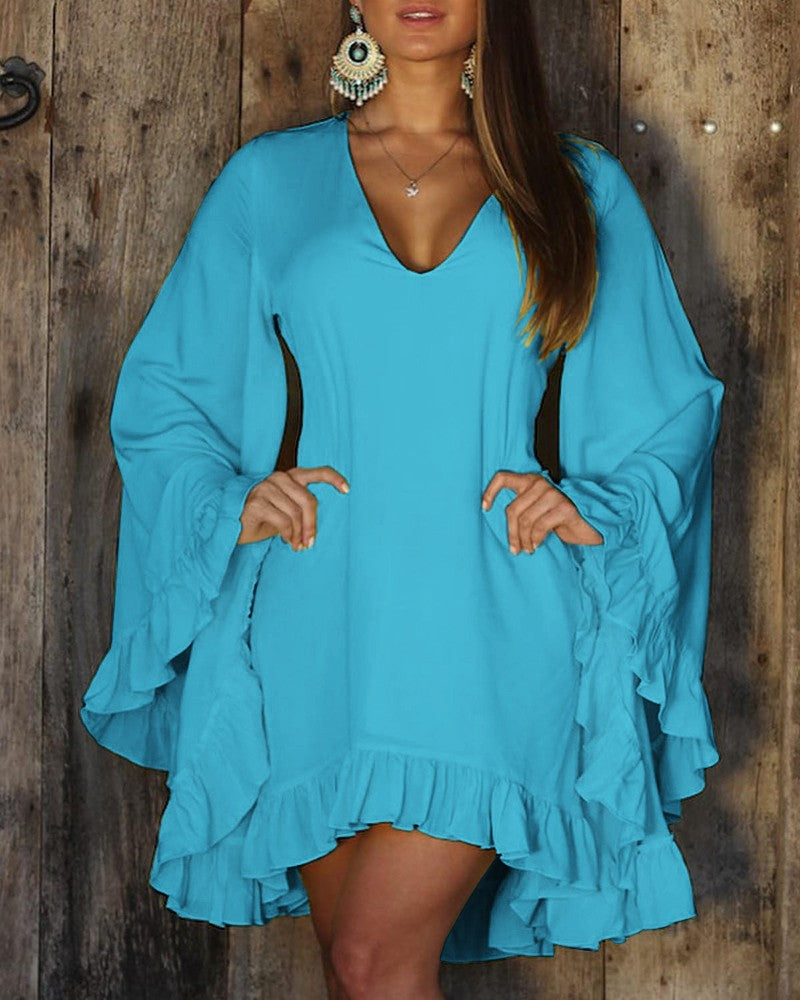 Ruffle Hem Bell Sleeve Casual Dress