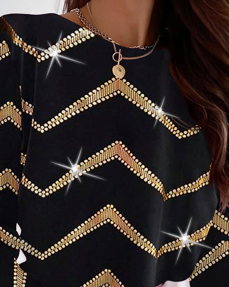 Colorblock Bronzing Chevron Print Buttoned Top