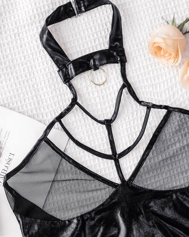 Fishnet O Ring Cutout PU Leather Teddy