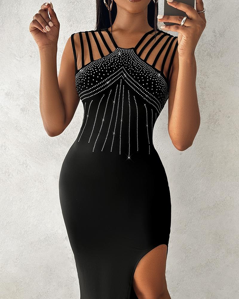 Rhinestone Decor Multi Strap High Slit Dress