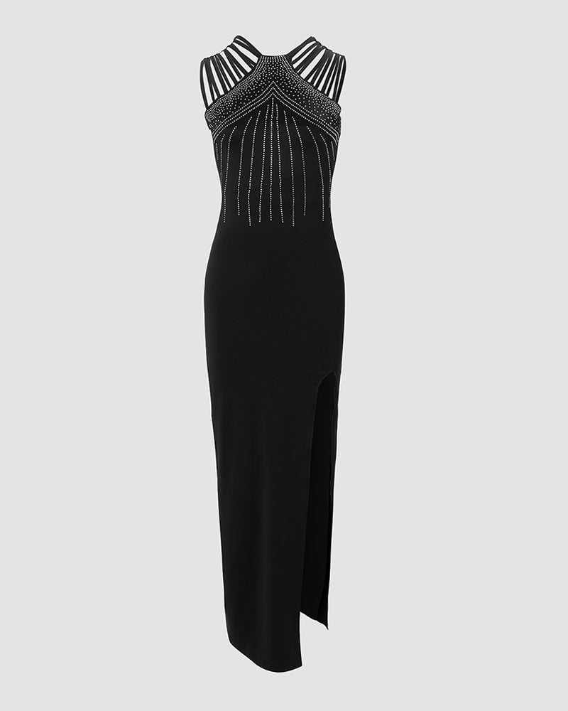 Rhinestone Decor Multi Strap High Slit Dress