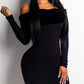 Fluffy Fold Over Off Shoulder Bodycon Dress