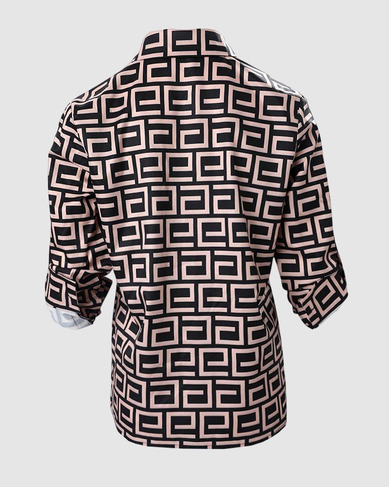 Geometric Print Roll Tab Sleeve Button Down Shirt