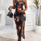 Floral Print Chain Decor Cutout High Slit Dress