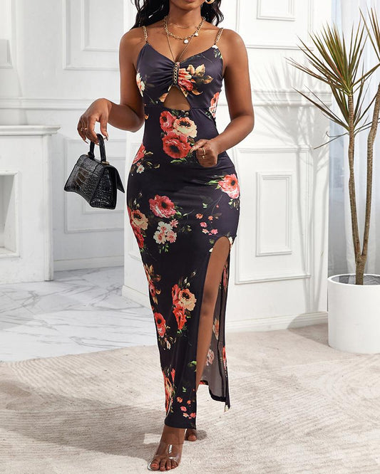 Floral Print Chain Decor Cutout High Slit Dress