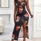 Floral Print Chain Decor Cutout High Slit Dress