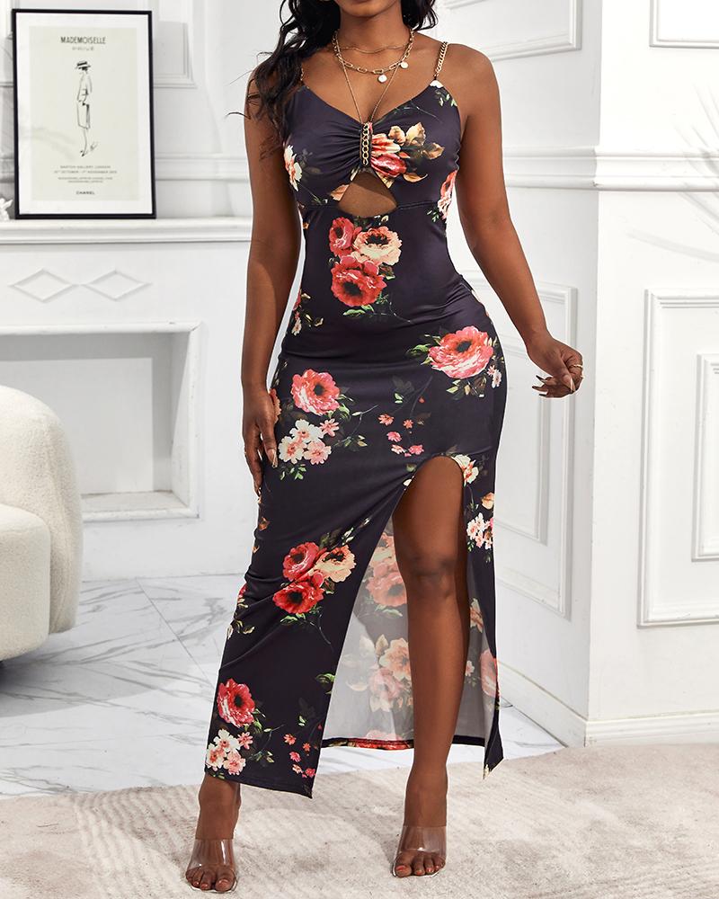 Floral Print Chain Decor Cutout High Slit Dress