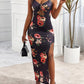 Floral Print Chain Decor Cutout High Slit Dress