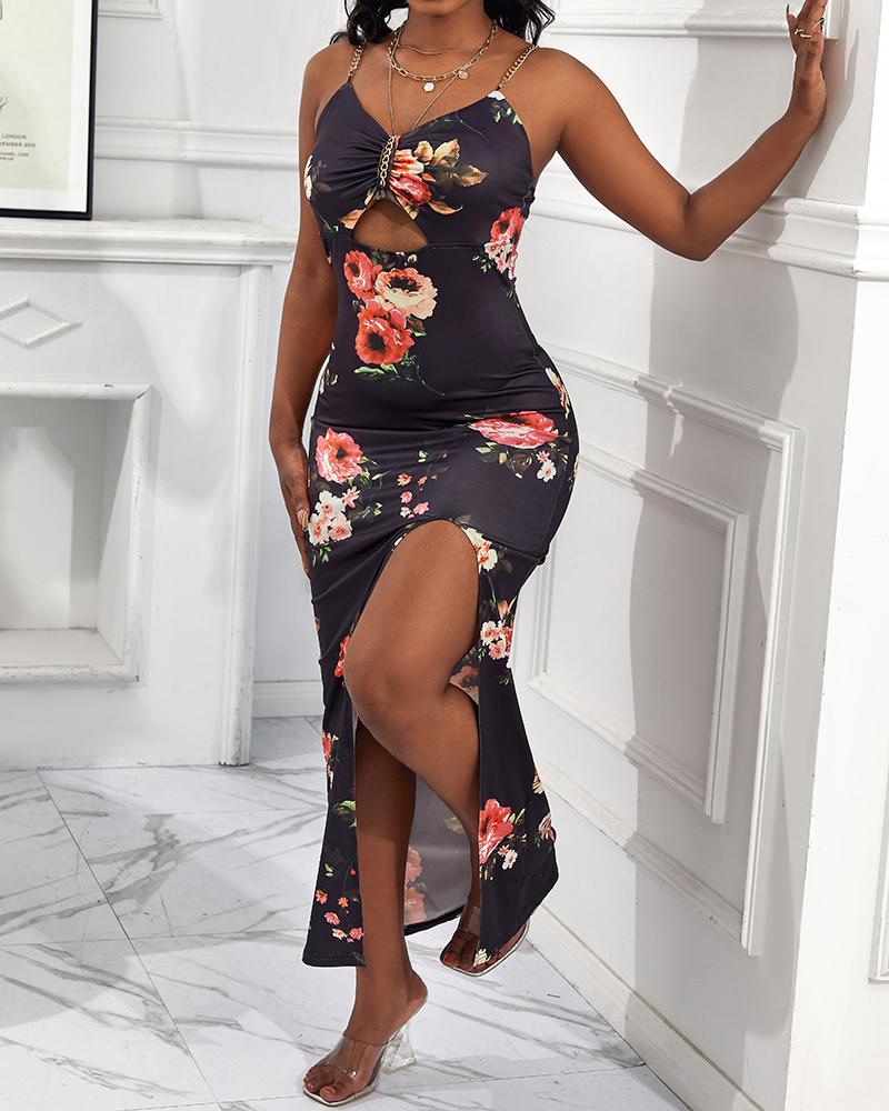 Floral Print Chain Decor Cutout High Slit Dress