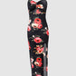 Floral Print Chain Decor Cutout High Slit Dress