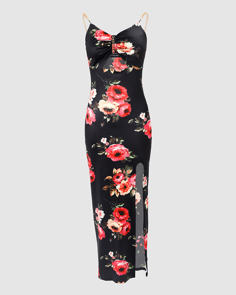 Floral Print Chain Decor Cutout High Slit Dress