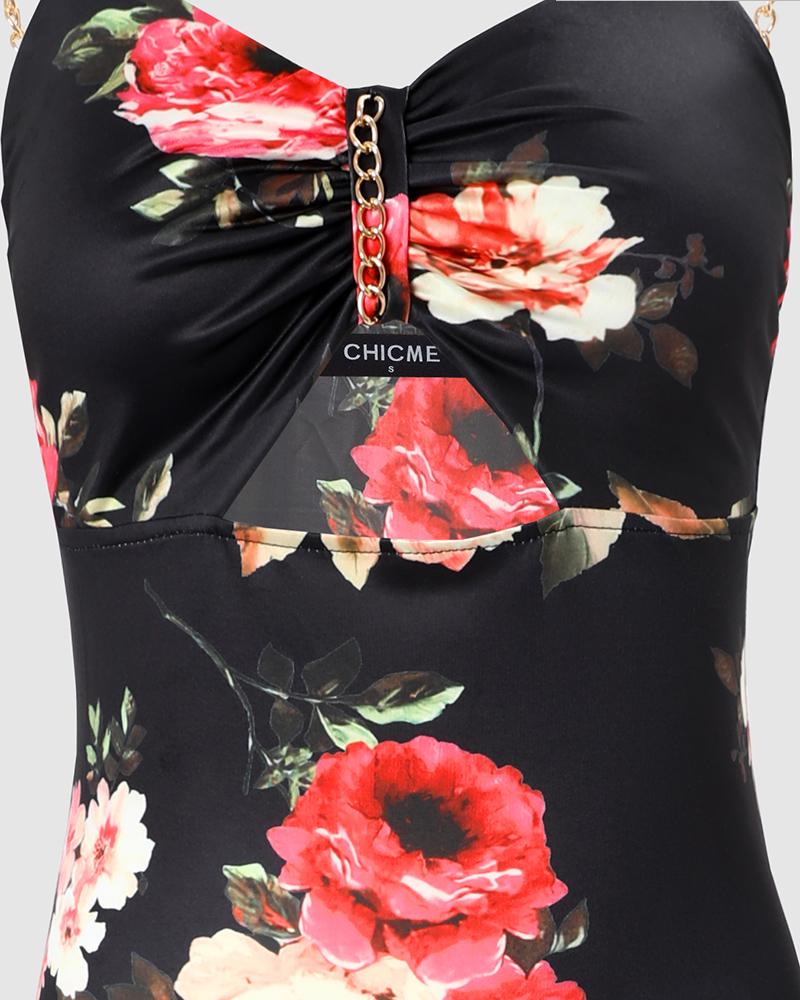 Floral Print Chain Decor Cutout High Slit Dress