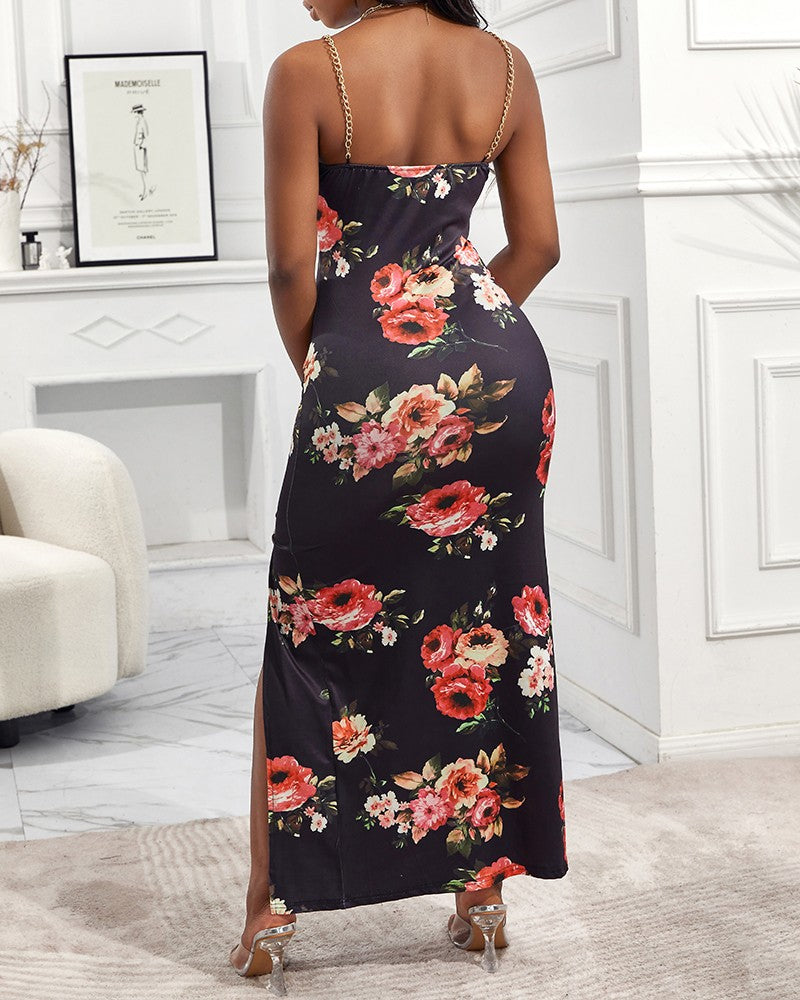 Floral Print Chain Decor Cutout High Slit Dress