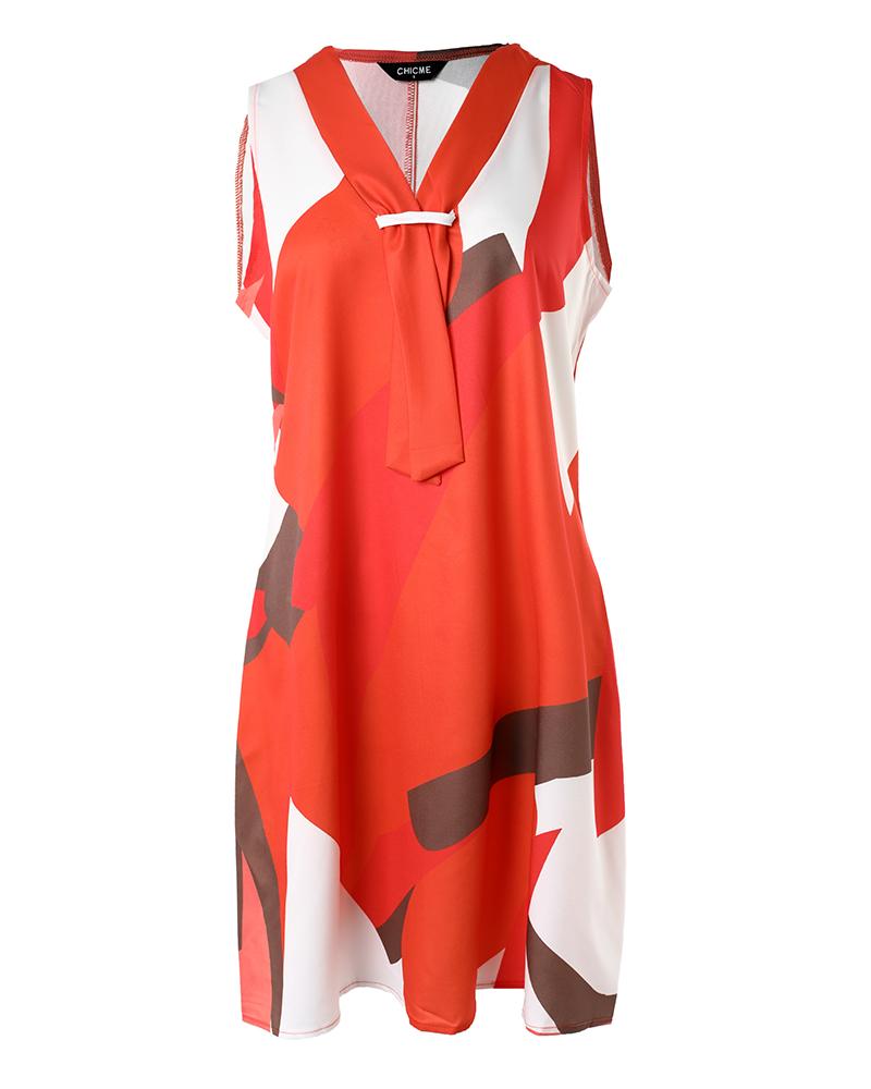 All Over Print Fake Tie Patch Sleeveless Casual Dress