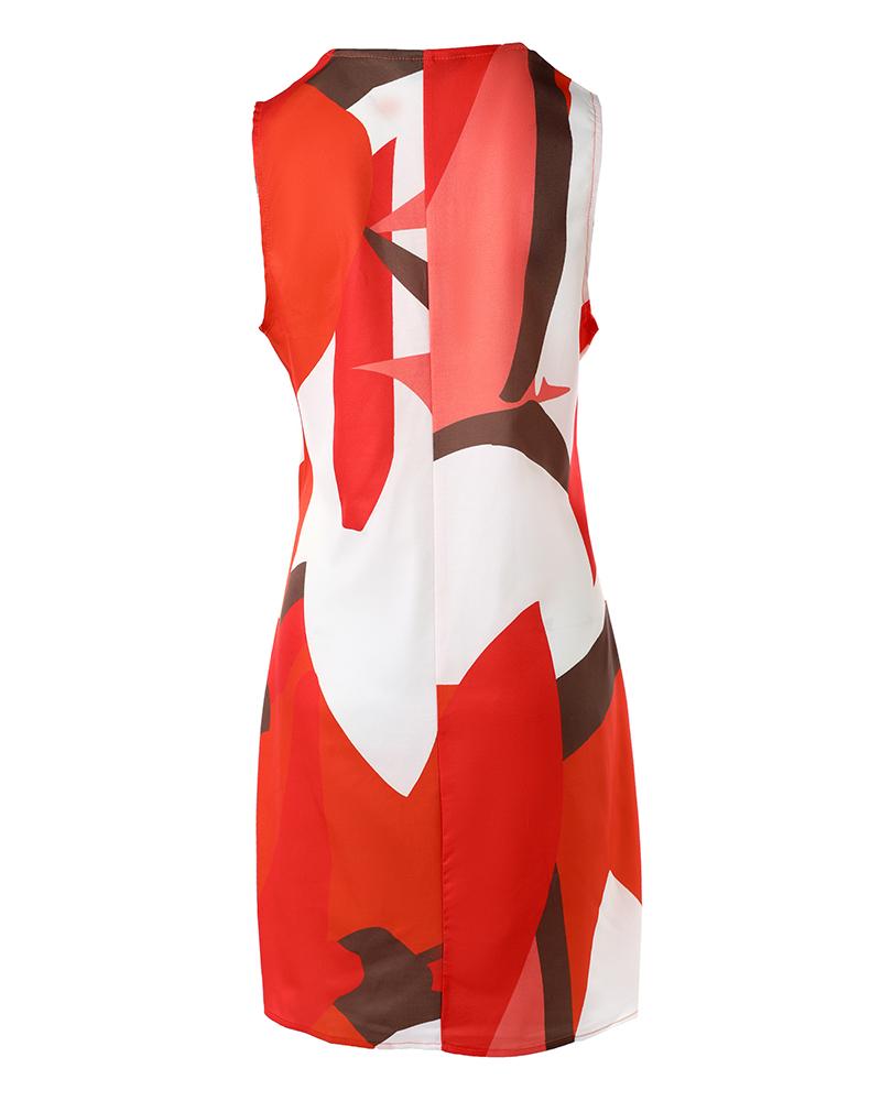 All Over Print Fake Tie Patch Sleeveless Casual Dress
