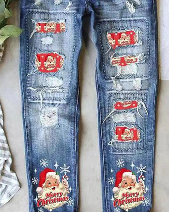 Merry Christmas Santa Claus Snowflake Print Ripped Jeans