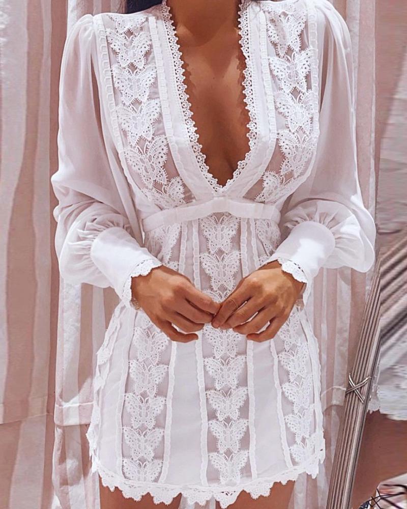 Puff Lantern Sleeve Butterfly Pattern Lace Dress