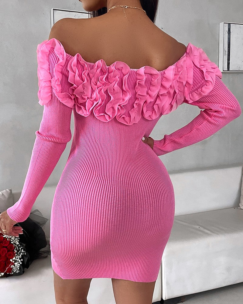 Lace Floral Pattern Long Sleeve Knit Dress