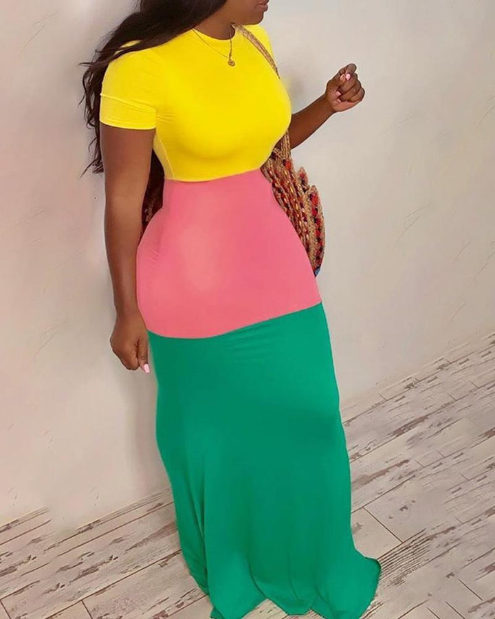 Short Sleeve Colorblock Maxi Dress