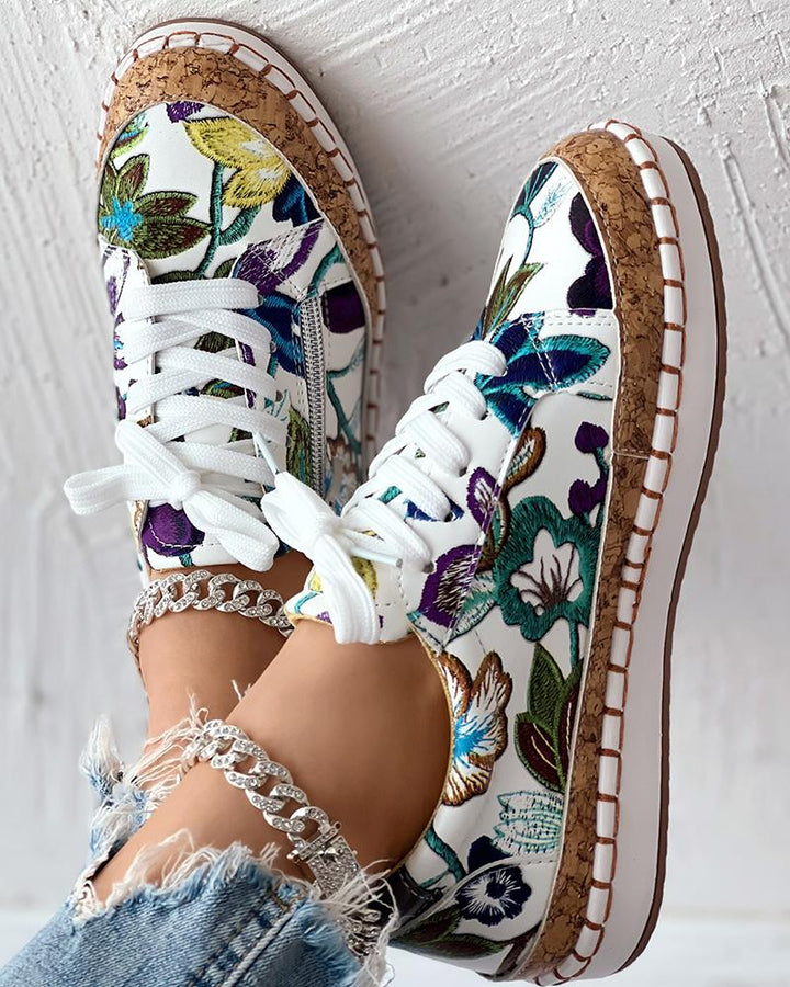 Floral Embroidery Lace up Muffin Sneakers