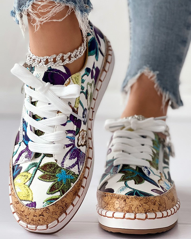 Floral Embroidery Lace up Muffin Sneakers