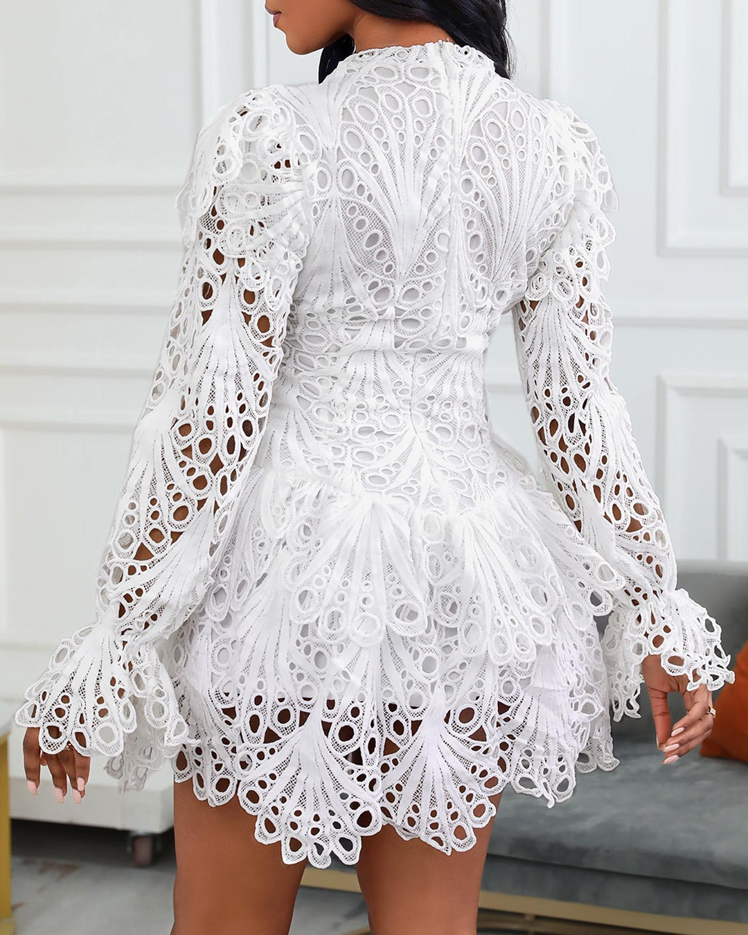 Eyelet Embroidery Bell Sleeve Lace Dress
