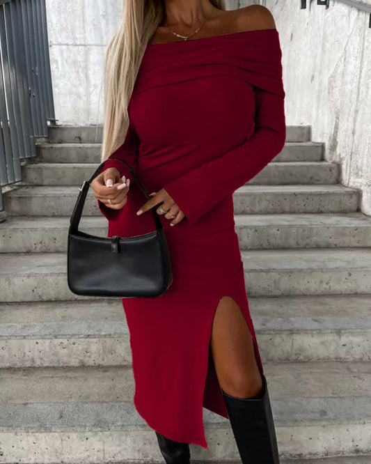 Off Shoulder Long Sleeve Slit Midi Dress