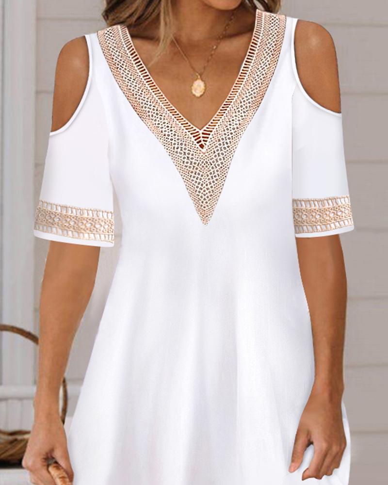 Contrast Lace Cold Shoulder Casual Dress