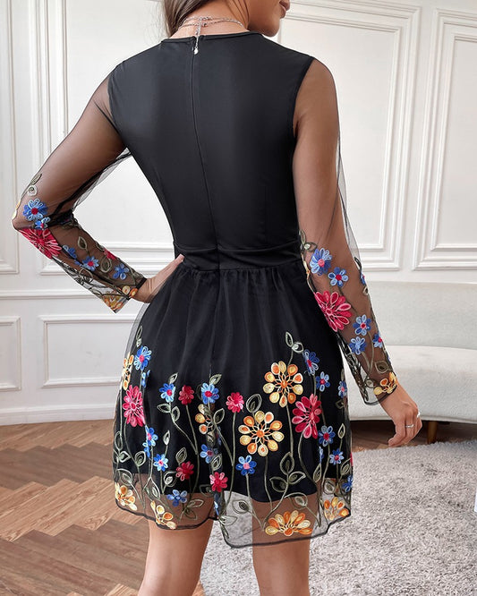 Floral Embroidery Sheer Mesh Patch Long Sleeve Dress