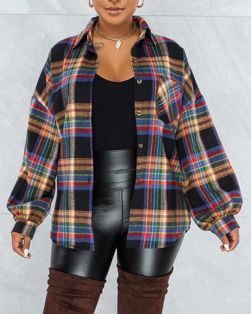 Plaid Print Long Sleeve Button Down Shacket