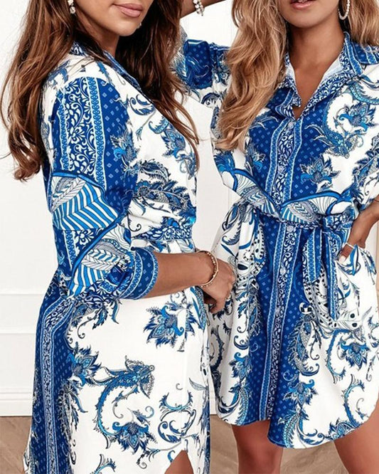 Floral Print Button Up Belted Shirt Dress