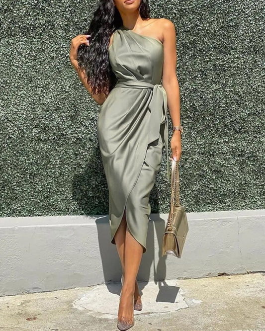 One Shoulder Ruched Slit Party Dress