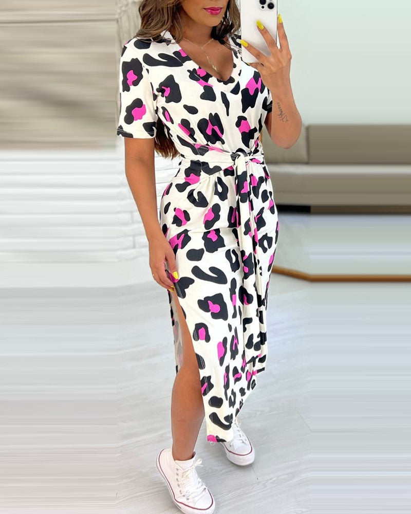 Leopard Print Tied Detail Slit Casual Dress