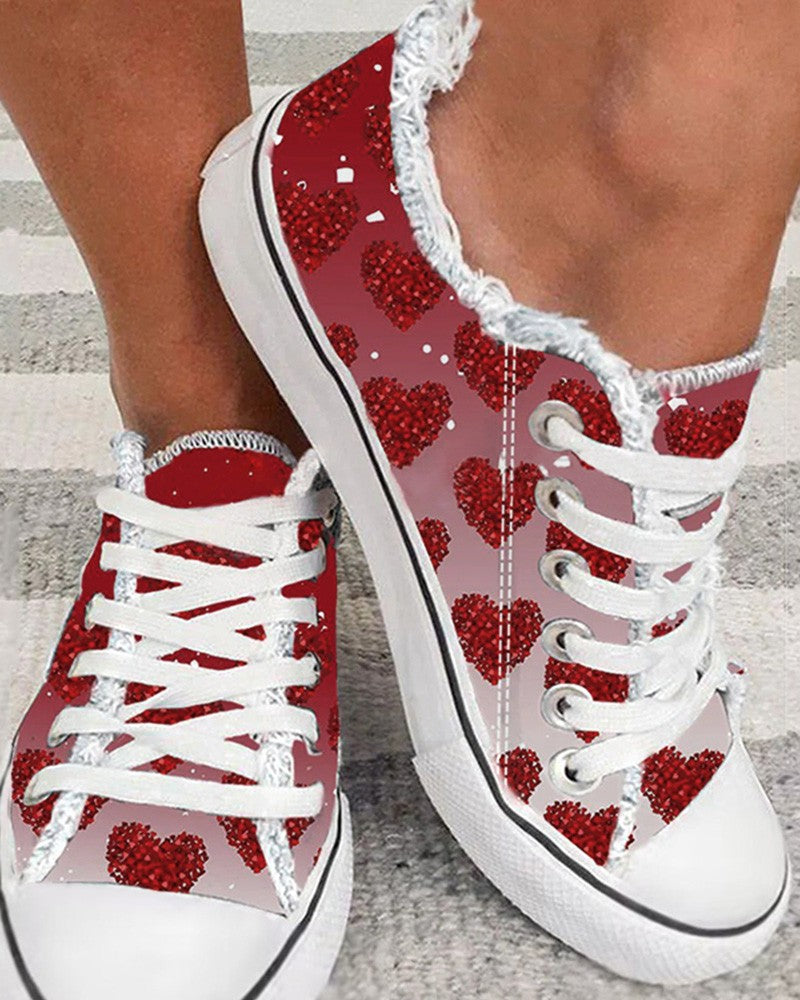 Heart Print Fringe Hem Lace up Canvas Sneakers
