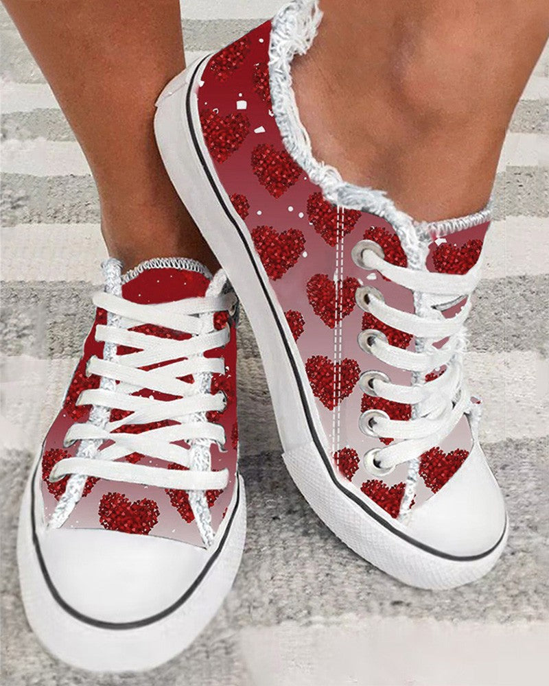 Heart Print Fringe Hem Lace up Canvas Sneakers