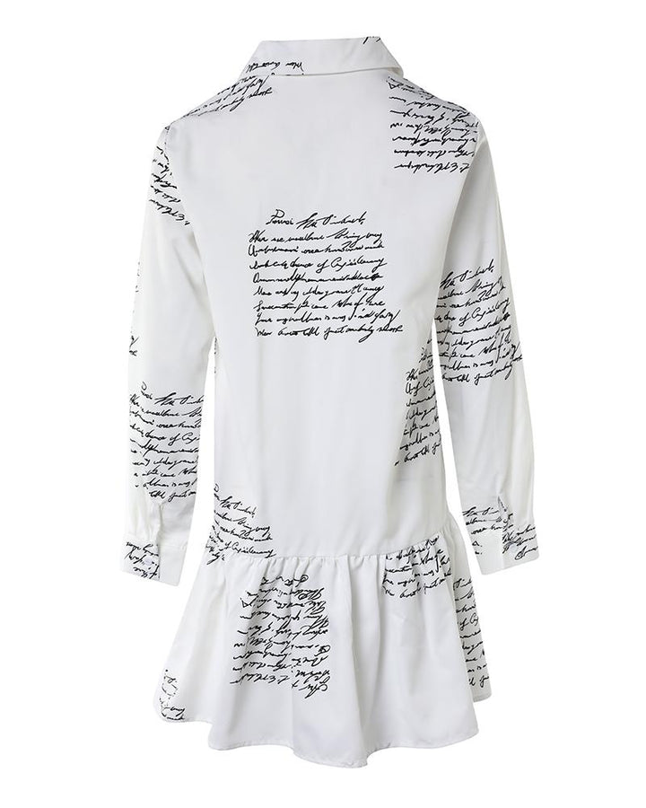 Letter Print Buttoned Ruffle Hem Shirt Dress