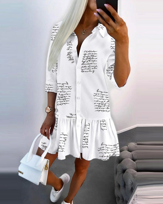 Letter Print Buttoned Ruffle Hem Shirt Dress