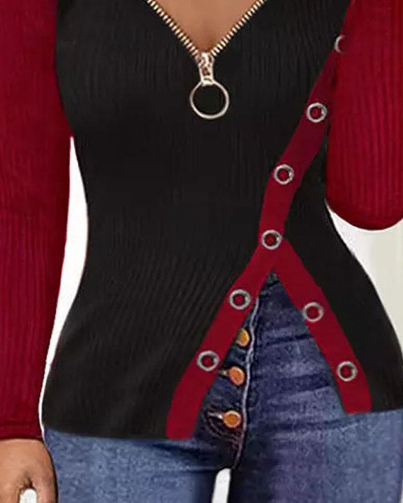 Contrast Paneled Zip Detail Cold Shoulder Top