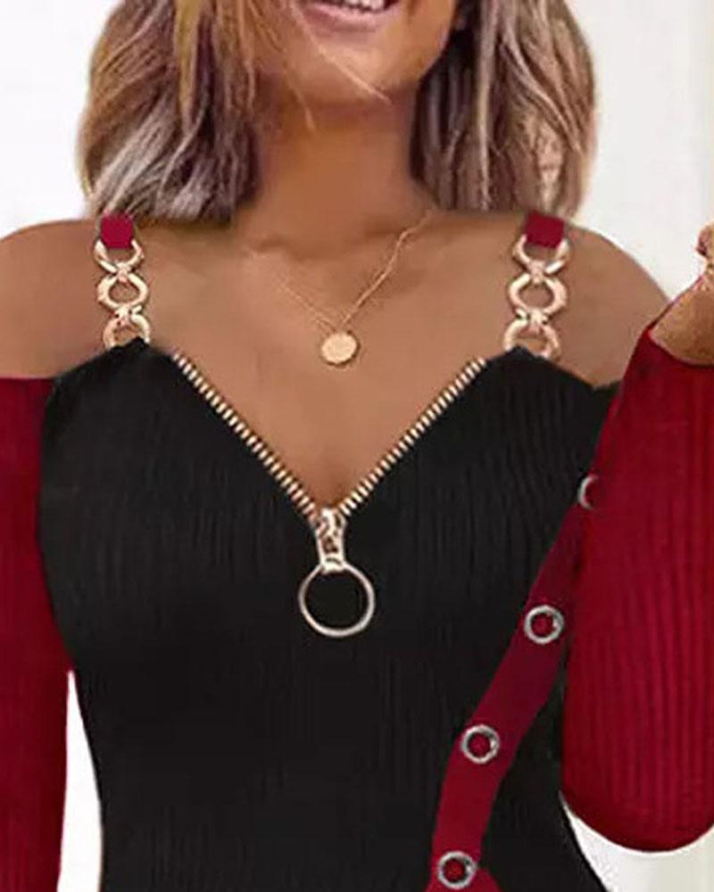 Contrast Paneled Zip Detail Cold Shoulder Top